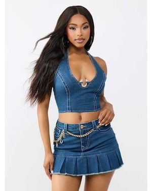 TRUE RELIGION Crystal Horseshoe Denim Halter Top - Blue
