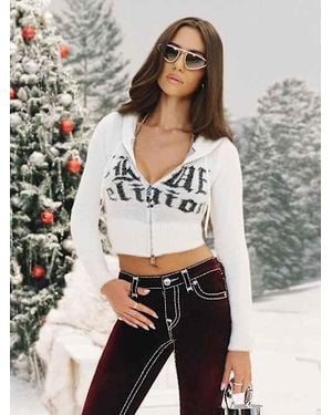 TRUE RELIGION Jacquard Logo Fuzzy Zip Hoodie - Gray