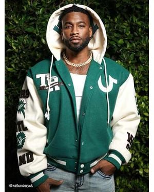 TRUE RELIGION Retro Wool Varsity Jacket – Classic Letterman Bomber With Logo - Green