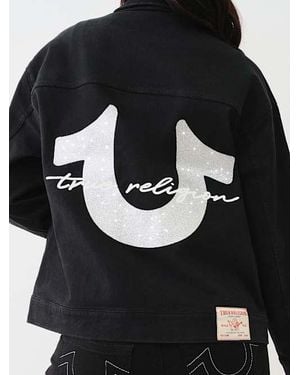 True Religion Oversized Glitter Logo Denim Trucker Jacket - Black