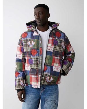 TRUE RELIGION Plaid Patchwork Puffer Jacket - Blue