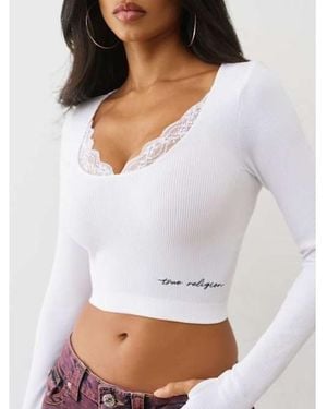 TRUE RELIGION Seamless Lace Scoop Neck Long Sleeve Top - White