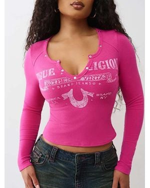 True Religion Ribbed V Notch Long Sleeve T-shirt - Pink