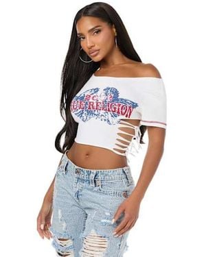 TRUE RELIGION Custom Off-the-shoulder Lace-up T-shirt - Blue