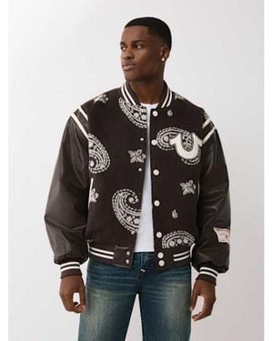 TRUE RELIGION Wool Retro Varsity Jacket – Classic Letterman Bomber With Logo - Black