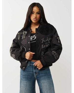 TRUE RELIGION Crystal Logo Nylon Bomber Jacket - Black