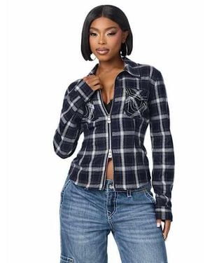 TRUE RELIGION Double-zip Embroidered Plaid Shirt - Blue
