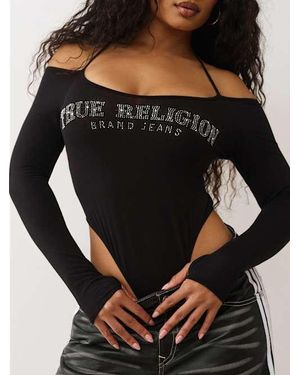 TRUE RELIGION Crystal Long Sleeve Halter Bodysuit - Black