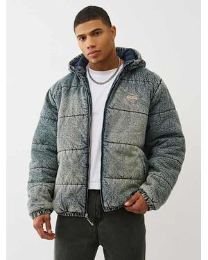 TRUE RELIGION Washed Denim Hooded Puffer Jacket - Gray