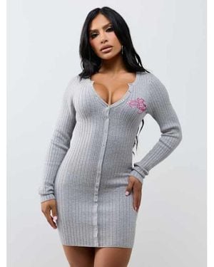 TRUE RELIGION Embroidered Button-down Sweater Mini Dress - Gray