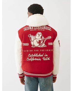 TRUE RELIGION Hooded Puffer Varsity Jacket - Red