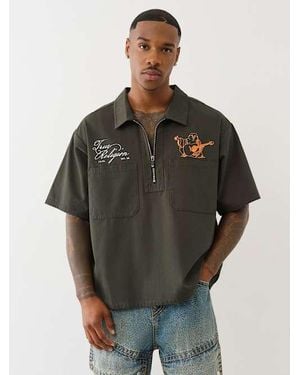 True Religion Double Pocket Zip Up Camp Shirt - Gray