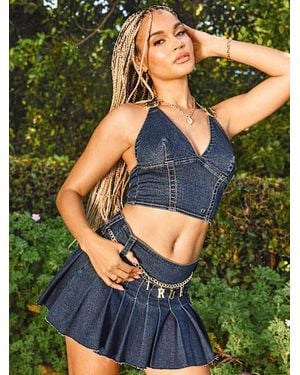 True Religion Pleated Chain Denim Mini Skirt - Blue