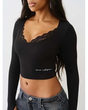 TRUE RELIGION Seamless Lace Scoop Neck Long Sleeve Top - Black
