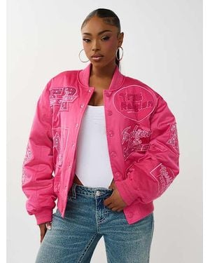 TRUE RELIGION Crystal Logo Nylon Bomber Jacket - Pink