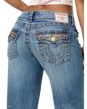 TRUE RELIGION Bobbi Mid Rise Big T Crystal Flap Baggy Jean - Blue