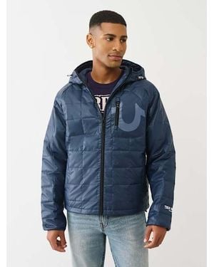 TRUE RELIGION Geo Quilted Hooded Puffer Jacket - Blue