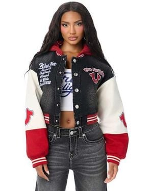 TRUE RELIGION Teddy Patch Padded Denim Bomber Jacket - Red