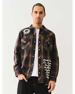 True Religion Western Big T Logo Plaid Shirt - Gray