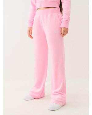 TRUE RELIGION Velour Crystal Horseshoe Straight Leg Pant - Pink