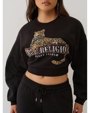 TRUE RELIGION Crystal Leopard Ruched Long Sleeve Pullover - Black