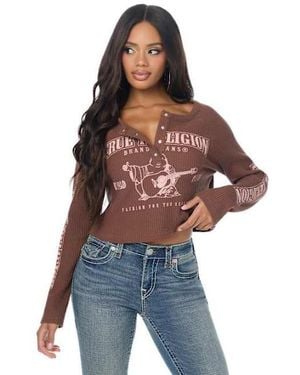 TRUE RELIGION Waffle Knit Henley Shirt Top - Brown