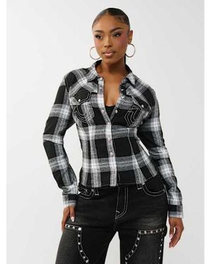 TRUE RELIGION Slim Button Down Plaid Shirt - Black