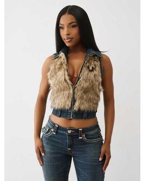 TRUE RELIGION Faux Fur Denim Vest - Blue