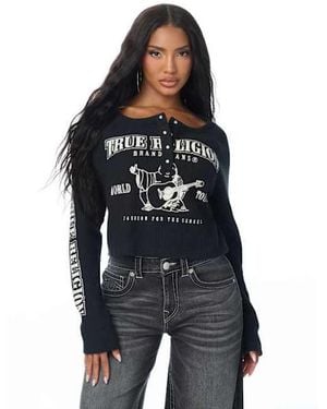 TRUE RELIGION Waffle Knit Henley Shirt Top - Black