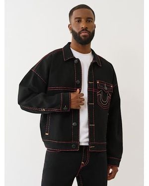 True Religion Super T Cropped Denim Jacket – Distressed Trucker With Contrast - Black