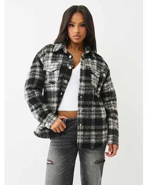 TRUE RELIGION Arched Logo Flannel Shacket - Gray
