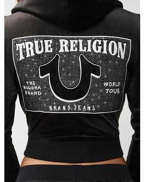TRUE RELIGION Crystal Horseshoe Velour Shrunken Zip Hoodie - Black