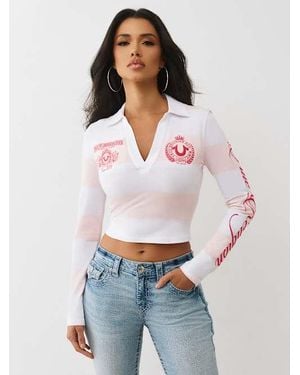 TRUE RELIGION Embroidered Long Sleeve Polo Top - White