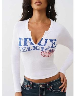 TRUE RELIGION Ribbed V-notch Raglan Long Sleeve T-shirt - White