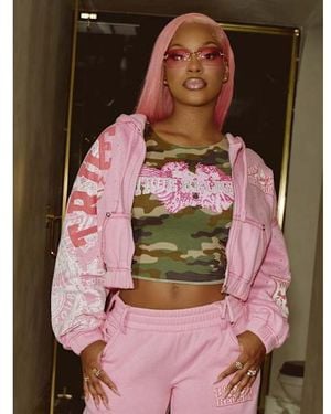 TRUE RELIGION Allover Print Crystal Big T Girlfriend Zip-up Hoodie - Pink