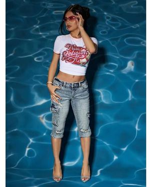 TRUE RELIGION Becca Low Rise Flap Cargo Capri - Blue