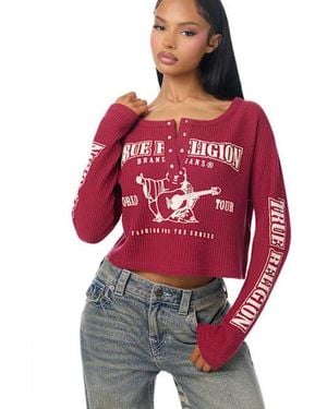 TRUE RELIGION Waffle Knit Henley Shirt Top - Red