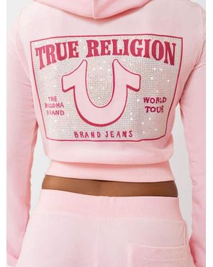 TRUE RELIGION Crystal Horseshoe Velour Shrunken Zip Hoodie - Pink