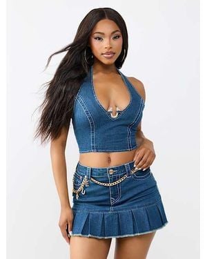 TRUE RELIGION Crystal Horseshoe Denim Halter Top - Blue