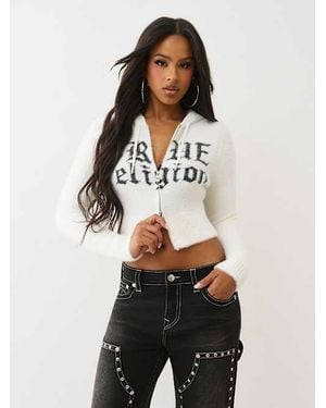 TRUE RELIGION Jacquard Logo Fuzzy Zip Hoodie - Gray