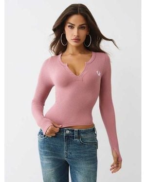 TRUE RELIGION Seamless V-notch Long Sleeve Top - Red