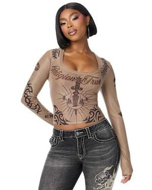 TRUE RELIGION Scoop Neck Tattoo Long Sleeve Top - Black