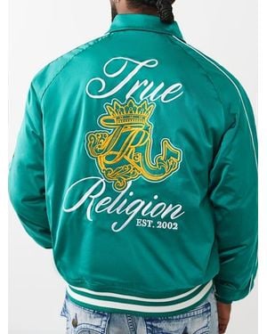 TRUE RELIGION Logo Crest Satin Retro Bomber Jacket - Green
