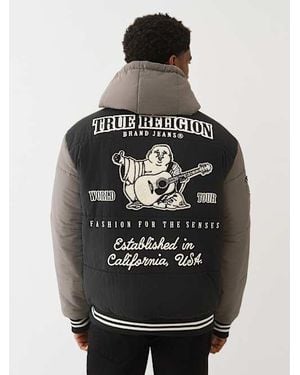 TRUE RELIGION Hooded Puffer Varsity Jacket - Gray