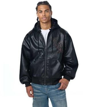 TRUE RELIGION Faux Leather Hooded Bomber Jacket - Blue
