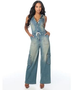 TRUE RELIGION Denim Hooded Cargo Jumpsuit - Blue