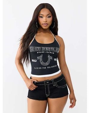 TRUE RELIGION Crystal Horseshoe Double Strap Sleeveless Top - Black