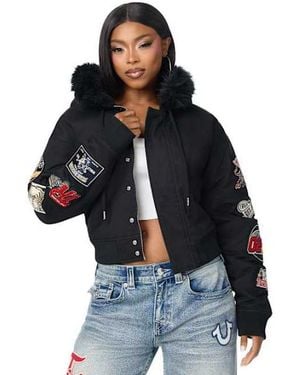 TRUE RELIGION Embroidered Sherpa Hood Faux Fur Jacket - Black
