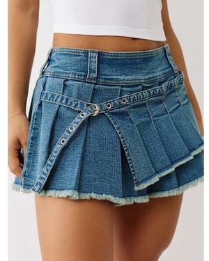 TRUE RELIGION Asymmetric Pleated Denim Mini Skirt - Blue