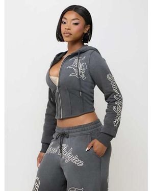 TRUE RELIGION Washed Corset Zip Hoodie - Gray